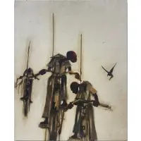 James Groody, Boys on Bikes with Fishing Poles, Mixed media, oil, newspaper collage on board