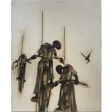 James Groody, Boys on Bikes with Fishing Poles, Mixed media, oil, newspaper collage on board