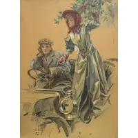 A Modern Eve (Woman Picking Apples From a Motor) by Harrison Fisher, 1906, Watercolor, gouache, and pencil on artist board Signed and dated lower left, sold May 2025