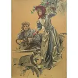 Harrison Fisher, A Modern Eve (Woman Picking Apples From a Motor), 1906, Watercolor, gouache, and pencil on artist board Signed and dated lower left