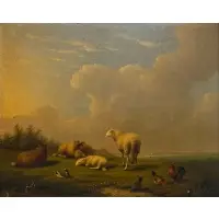 Francois Vandeverdonck, Resting Sheep with Chickens and Ducks in a Landscape, Oil on panel