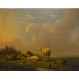 Francois Vandeverdonck, Resting Sheep with Chickens and Ducks in a Landscape, Oil on panel
