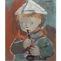 Boy with Oboe by Rajmund, Oil on canvas board, sold May 2025