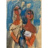 Two Women with a Blue Flower Vase by Zygmunt Menkes, Watercolor on paper, sold Apr 2025