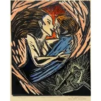 Mary Beth Edelson, Movie Couple, 1985, Woodblock hand water colored