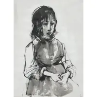 Ruth Schloss, Young Girl with Crossed Hands, Mixed media on paper