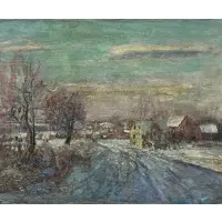 A Snowy Town Street Scene by Walter Emerson Baum, Oil on canvas, sold Apr 2025
