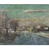 Walter Emerson Baum, A Snowy Town Street Scene, Oil on canvas