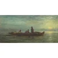 J. C. Thom, Five Men Riding a Canoe, Oil on panel