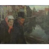 Gustave Pierre, An Elderly Couple Walking Over a Town Canal, 1909, Oil on canvas