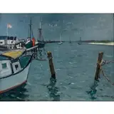 Nicolai Cikovsky, Shinnecock Commercial Boat Dock, South Hampton, L.I. NY, Oil on artist board