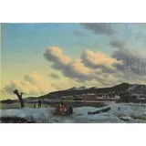 August Riedel, Winter Landscape at Waters Edge, Oil on canvas laid on board