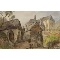 Hermann Schnee, Travelers Resting by a Village Shrine, Watercolor on paper