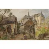 Hermann Schnee, Travelers Resting by a Village Shrine, Watercolor on paper