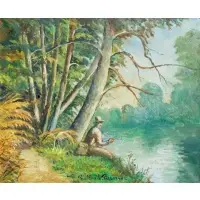 Paul Emile Pissaro, Pecheur au Bord de l'Ouse, (Fisherman on the Banks of the Ouse River) Oil on canvas