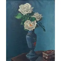 Ernest Fiene, White Roses in a Blue Vase, Oil on canvas