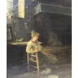 Josef Edgar Kleinert, Resting by the kitchen fire, Oil on canvas