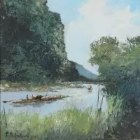 Poum Malakoul, Untitled, Thailand Oil on canvas of a Thai river scene with boat