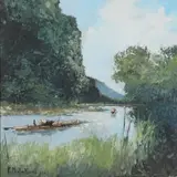 Poum Malakoul, Untitled, Thailand Oil on canvas of a Thai river scene with boat