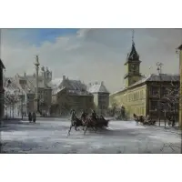Sleighs passing the royal castle in Warsaw by Jan Rawicz, Oil on Canvas, sold May 2025