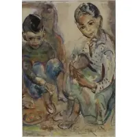 Bacia Gordon, Signature across the bottom, Watercolor Children in Israel