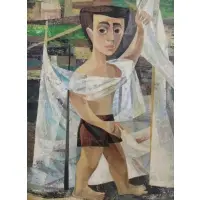 Howard Mandel, Boy with nets, Oil on board, signed lr left