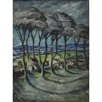 Charles E. Willette, Seaside homes and tree line, Oil on board