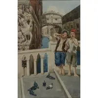 Vittorio Pasini, Venetian Bridge Scene, Watercolor on paper