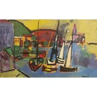 Untitled by Carlos J Hahn, Oil on board , boats at sea, sold May 2025