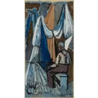 Mending the Fishing Nets by Elizabeth Olds, Gouache and ink on paper, sold Feb 2025
