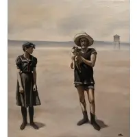 Pamela Wilson, Woman and Man with Dog on the Beach, Oil on canvas laid to board