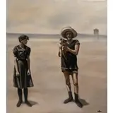 Pamela Wilson, Woman and Man with Dog on the Beach, Oil on canvas laid to board
