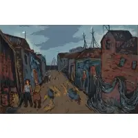 Sol Wilson, Dock with Shanties, Gouache on paper