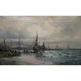 William Anslow Thornley, Fishing Luggers Ashore, Sussex Coast, Hastings, England, Oil on canvas