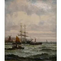 Clipper & Steam Tug off Hastings Harbor, England by William Thornley, Oil on canvas, sold Jan 2025
