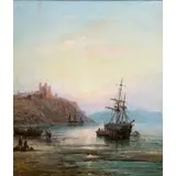 James Webb R.A, Coastal Scene with Castle and Boats, Oil on canvas