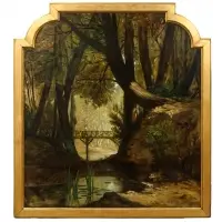 Asher Brown Durand, Bridge View Through Forest, Oil on canvas with shaped top