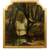 Asher Brown Durand, Bridge View Through Forest, Oil on canvas with shaped top