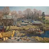 T.M. Nicholas, Maine Boatyard, Oil on canvas