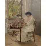 Alexis Marie Lahaye, Woman Arranging Flowers, Oil on canvas