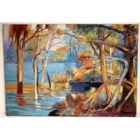 Untitled by Pasquale Monaco, Oil on Canvas of trees on a lake, sold Jan 2025