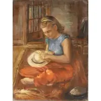 Girl With Hat by Ruth Lewis, Oil on canvas, sold Jan 2025