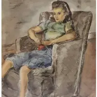 Ruth Lewis, Girl in chair, Watercolor behind glass, signed