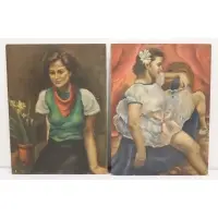 Ruth Cohen, Lady with scarf and girl in white dress, 2 Oils on canvas board
