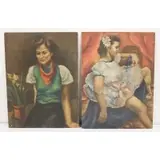 Ruth Cohen, Lady with scarf and girl in white dress, 2 Oils on canvas board