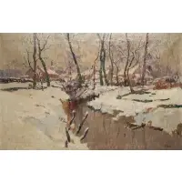Henri Roidot, Winter Snow Scene with Stream and Village, Oil on canvas