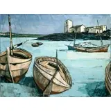 Charles Levier, Boats in Harbor, Oil on canvas