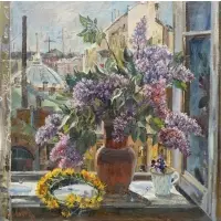 Valery Lednev, Lilac in White Night, Oil on canvas