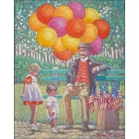 Henry Benson, Children with a Balloon and Flag Seller, Oil on canvas