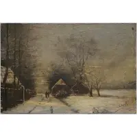 Louis Apol, Figures Walking on a Winter Village Road, Oil on board